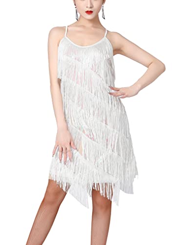 Oyolan Damen Latein Kleid Glitzer Frasen Quasten Flapper Kleider mit Verstellbaren Spaghettiträgern Rumba Cha Cha Tango Tanzkleid Weiß L von Oyolan