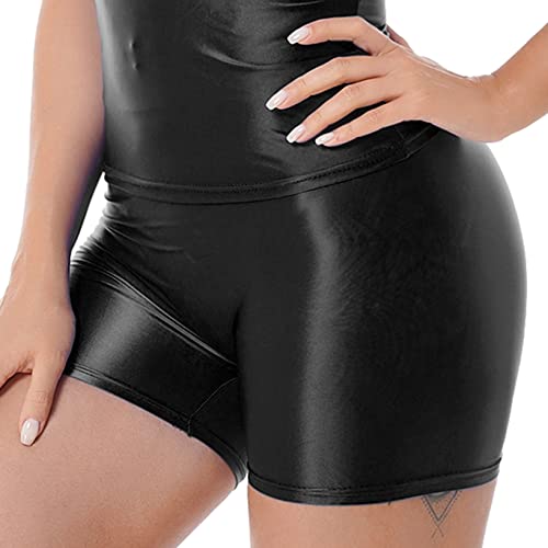 Oyolan Damen Metallic Shorts Leggings Shiny Kurz Yogahose Sporthose Hoher Taille Radlerhose für Fitness Gym Tanz Schwarz L von Oyolan