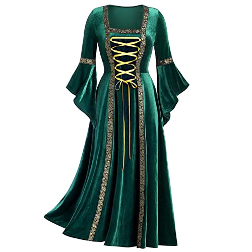 Oyolan Damen Mittelalter Kostüm Samtkleid Langarm Prinzessin Kleider Party Kleid Gothic Vintage Kleider Halloween Karneval Fasching Grün S von Oyolan