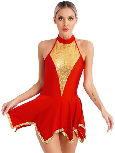 Oyolan Damen Tanzkleid Ärmellose Latein Kleid mit Pailletten Turnanzug Trikotanzug Tanz Leotard Wettbewerb Tanzkleidung Rot S von Oyolan