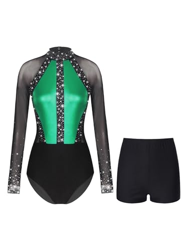 Oyolan Damen Turnanzug Gymnastikanzug Langarm Strass Body mit Kurze Hose Tanz Shorts Eiskunstlauf Training Fitness Bekleidung Grün S von Oyolan