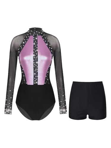 Oyolan Damen Turnanzug Gymnastikanzug Langarm Strass Body mit Kurze Hose Tanz Shorts Eiskunstlauf Training Fitness Bekleidung Rosa S von Oyolan