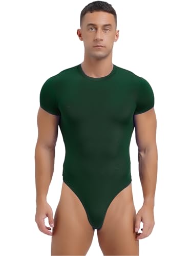Oyolan Herren Kurzarm Shirt Body Männer Einteiler Stringbody High Cut Jumpsuit Unterhemd Unterwäsche mit Druckknöpfe im Schritt Grün XXL von Oyolan