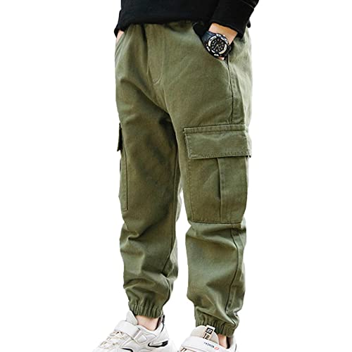 Oyolan Jungen Cargo Jeans Hose Elastische Taille Cargohose Kinder Trainingshose Jogginghose Sporthose Streetwear Gr. 110-164 Armeegrün 158-164 von Oyolan