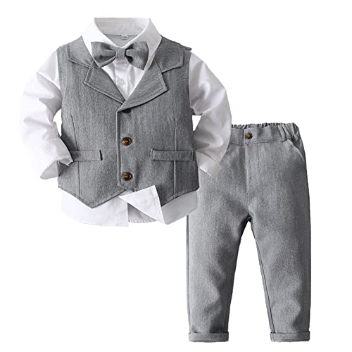 Oyolan Jungen Gentleman Smoking Anzug Hemd + Hosen + Weste + Fliege Sets Langarm 4tlg Babykleidung für Festlich Taufe Hochzeit Grau 104-110 von Oyolan