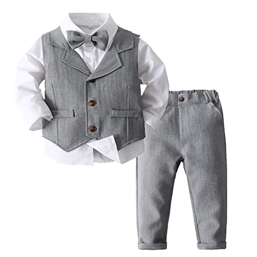 Oyolan Jungen Gentleman Smoking Anzug Hemd + Hosen + Weste + Fliege Sets Langarm 4tlg Babykleidung für Festlich Taufe Hochzeit Grau 92-98 von Oyolan