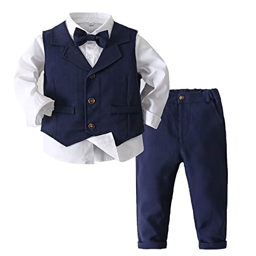 Oyolan Jungen Gentleman Smoking Anzug Hemd + Hosen + Weste + Fliege Sets Langarm 4tlg Babykleidung für Festlich Taufe Hochzeit Navy Blau 80-86 von Oyolan