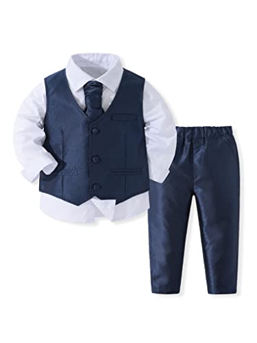 Oyolan Jungen Gentleman Smoking Anzug Hemd + Hosen + Weste + Fliege Sets Langarm 4tlg Babykleidung für Festlich Taufe Hochzeit T Navy Blau 86-92 von Oyolan