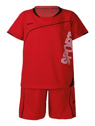 Oyolan Jungen Sportanzug Trainingsanzug Kurzarm T-Shirt mit Sportshorts Kinder Jogginganzug Fussball Basketball Outfits Gr. 122-164 Rot 122-128 von Oyolan