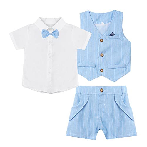 Oyolan Kinder Jungen Gentleman Smoking Anzug Kurz Hemd mit Krawatte + Weste + Shorts für Festlich Taufe Hochzeit Himmelblau 122-128 von Oyolan