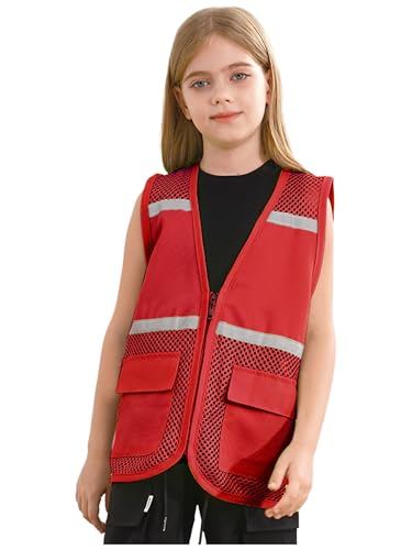 Oyolan Kinder Jungen Mädchen Sicherheitsweste Weste mit V Ausschnitt Warnwesten Reflektierende Ärmellose Jacke Freiwillige Uniform Rot 134-140 von Oyolan