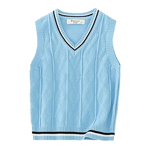 Oyolan Kinder Jungen Mädchen V-Ausschnitt Strickweste Pullunder Ärmellos Gestrickte Weste Baumwolle Strickjacke Top Oberteile Hell Blau 80-92 von Oyolan