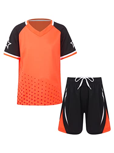 Oyolan Kinder Jungen Sportanzug Trainingsanzug Zweiteilige Kurzarm Sport Print Top T- Shirt mit Shorts Lässig Basketball Sportswear T Orange 122-128 von Oyolan