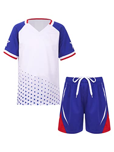 Oyolan Kinder Jungen Sportanzug Trainingsanzug Zweiteilige Kurzarm Sport Print Top T- Shirt mit Shorts Lässig Basketball Sportswear T Weiß 122-128 von Oyolan