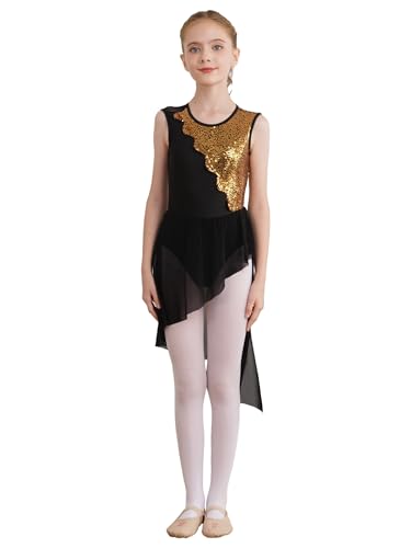 Oyolan Kinder Mädchen Ballettkleid Pailletten Patchwork Ärmellos mit Asymmetrisch Röckchen Salsa Tango Rumba Lyrisch Tanz Kostüme Schwarz 170-176 von Oyolan