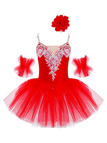 Oyolan Kinder Mädchen Ballettkleidung Ärmellos Glänzend Balletttrikot Tütü Kleid mit Strass Ballettanzug Tanz Ballerina Kostüm Rot 122-128 von Oyolan