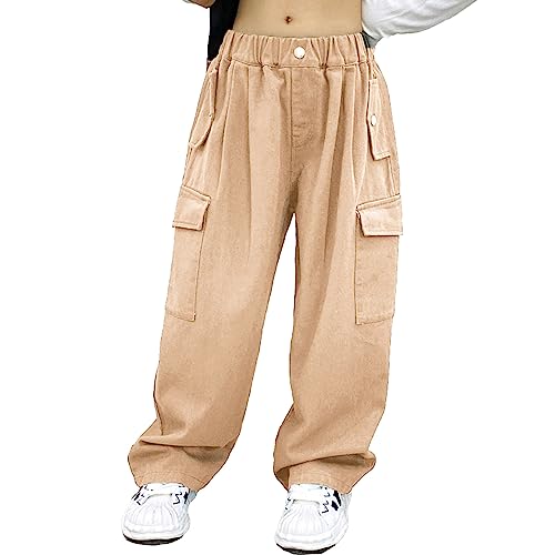 Oyolan Kinder Mädchen Cargo Hose Jogginghose Hip Hop Jazz Sweathose Teenager Cargohose Sporthose Streetwear Freizeithose Khaki E 158-164 von Oyolan