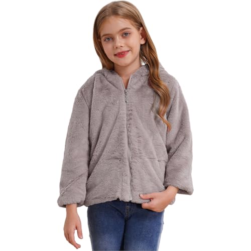Oyolan Kinder Mädchen Kapuzenjacke Teddybär Fleecejack Winter Outwear Mantel Cartoon Sweatshirt Hoodie Pullover mit Ohren Gr.98-164 Grau B 122-128 von Oyolan