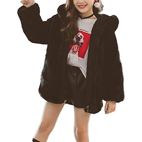 Oyolan Kinder Mädchen Kapuzenjacke Teddybär Fleecejack Winter Outwear Mantel Cartoon Sweatshirt Hoodie Pullover mit Ohren Gr.98-164 Schwarz B 134-140 von Oyolan