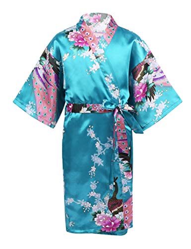 Oyolan Kinder Mädchen Morgenmantel Kimono Satin Nachtwäsche Bademantel Kinder mit Blumenmuster Negligee Schlafanzug Schwimmen Geburtstag gr.98-164 Lake Blau 134-146 von Oyolan