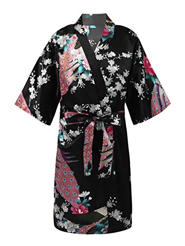 Oyolan Kinder Mädchen Morgenmantel Kimono Satin Nachtwäsche Bademantel Kinder mit Blumenmuster Negligee Schlafanzug Schwimmen Geburtstag gr.98-164 Schwarz 152-164 von Oyolan