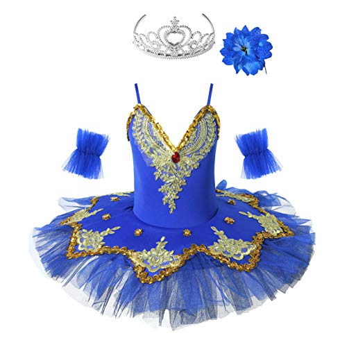 Oyolan Kinder Mädchen Pailletten Tanz Ballerina Kostüm Schwanensee Ballett Outfit Ballett Trikot Prinzessin Performance Kostüme Tutu Kleid Gr.98-152 Dunkelblau 110-116 von Oyolan