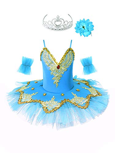 Oyolan Kinder Mädchen Pailletten Tanz Ballerina Kostüm Schwanensee Ballett Outfit Ballett Trikot Prinzessin Performance Kostüme Tutu Kleid Gr.98-152 Hellblau 110-116 von Oyolan