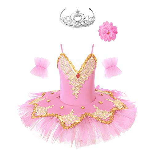 Oyolan Kinder Mädchen Pailletten Tanz Ballerina Kostüm Schwanensee Ballett Outfit Ballett Trikot Prinzessin Performance Kostüme Tutu Kleid Gr.98-152 Rosa 110-116 von Oyolan