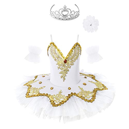 Oyolan Kinder Mädchen Pailletten Tanz Ballerina Kostüm Schwanensee Ballett Outfit Ballett Trikot Prinzessin Performance Kostüme Tutu Kleid Gr.98-152 Weiss 110-116 von Oyolan