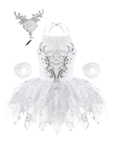 Oyolan Kinder Mädchen Pailletten Tanz Ballerina Kostüm Schwanensee Ballett Outfit Ballett Trikot Prinzessin Performance Kostüme Tutu Kleid Gr.98-152 Weiss J 146-152 von Oyolan