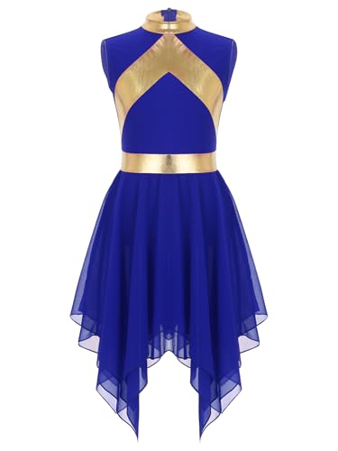 Oyolan Kinder Mädchen Tanzkleid Metallic Liturgical Ärmellos Asymmetrischer Kleid Ballettkleid Tango Salsa Anbetungs Lob Kleid Tanz Kostüm Blau 134-140 von Oyolan
