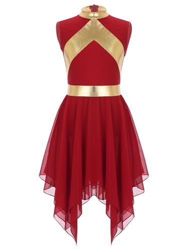 Oyolan Kinder Mädchen Tanzkleid Metallic Liturgical Ärmellos Asymmetrischer Kleid Ballettkleid Tango Salsa Anbetungs Lob Kleid Tanz Kostüm Burgundy 158-164 von Oyolan