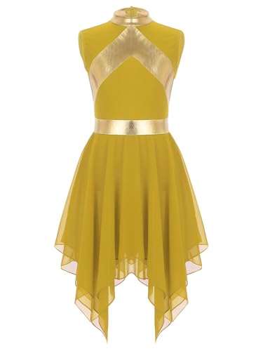 Oyolan Kinder Mädchen Tanzkleid Metallic Liturgical Ärmellos Asymmetrischer Kleid Ballettkleid Tango Salsa Anbetungs Lob Kleid Tanz Kostüm Gelb 158-164 von Oyolan
