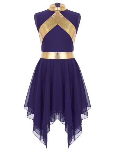 Oyolan Kinder Mädchen Tanzkleid Metallic Liturgical Ärmellos Asymmetrischer Kleid Ballettkleid Tango Salsa Anbetungs Lob Kleid Tanz Kostüm Violett 134-140 von Oyolan
