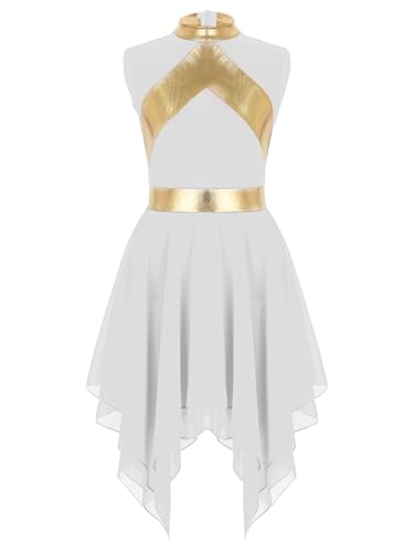 Oyolan Kinder Mädchen Tanzkleid Metallic Liturgical Ärmellos Asymmetrischer Kleid Ballettkleid Tango Salsa Anbetungs Lob Kleid Tanz Kostüm Weiß 158-164 von Oyolan