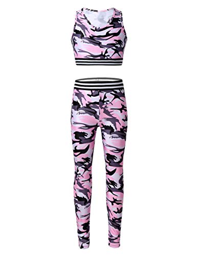 Oyolan Kinder Mädchen Trainingsanzug Sprt BH Top und Leggings Set Camouflage Jogginganzug Sportanzug für Yoga Fitness Tanz Rosa 110-116 von Oyolan