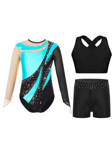 Oyolan Kinder Mädchen Turnanzug Glitzer Gymnastikanzug Langarm Gymnastikbody mit Kurze Hose und Top Wettkampf Tanzkostüm Türkis 158-164 von Oyolan