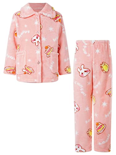 Oyolan Kinder Schlafanzüge Mädchen Flanell Zweiteiliger Pyjama Set Lange Button-Down Loungewear Nachtwäsche Rosa 146-152 von Oyolan
