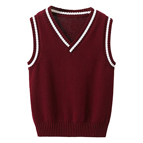 Oyolan Kinder Strickweste Jungen Mädchen Pullunder V-Ausschnitt Ärmellos Baumwolle Sweater Pullover Weste Strickwaren Burgundy 122-128 von Oyolan