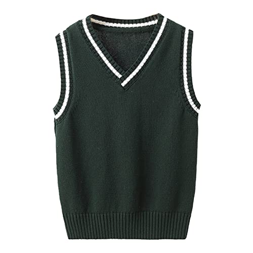 Oyolan Kinder Strickweste Jungen Mädchen Pullunder V-Ausschnitt Ärmellos Baumwolle Sweater Pullover Weste Strickwaren Dunkel Grün 146-152 von Oyolan