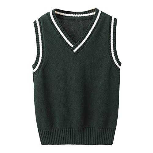 Oyolan Kinder Strickweste Jungen Mädchen Pullunder V-Ausschnitt Ärmellos Baumwolle Sweater Pullover Weste Strickwaren Dunkel Grün 146-152 von Oyolan