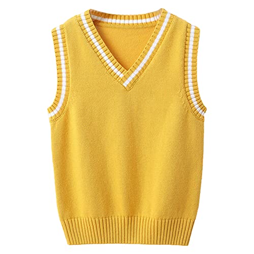 Oyolan Kinder Strickweste Jungen Mädchen Pullunder V-Ausschnitt Ärmellos Baumwolle Sweater Pullover Weste Strickwaren Gelb 146-152 von Oyolan