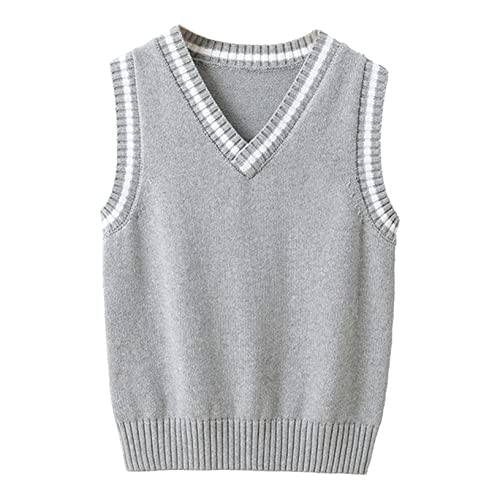 Oyolan Kinder Strickweste Jungen Mädchen Pullunder V-Ausschnitt Ärmellos Baumwolle Sweater Pullover Weste Strickwaren Grau 122-128 von Oyolan