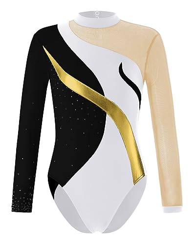 Oyolan Kinder Turnanzug Gymnastikanzug Mädchen Leotard Langarm Trikot Training Gymnastikbody mit Strass Wettkampf Tanzbekleidung Schwarzes Gold 158-164 von Oyolan