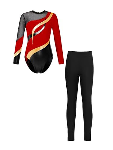 Oyolan Kinder Turnanzug Mädchen Gymnastikanzug Glitzer Leotard Langarm Trikot Body mit Hose Trainingsanzug Wettkampf Tanzkleidung Rot schwarz 170 von Oyolan