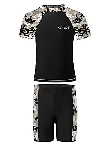 Oyolan Kinder Zweiteiliger Badeanzug Jungen Schwimmshirt Badehose UV Schutz Badeset mit elastischem Bund und Kordelzug Schwimmanzug Schwarze Tarnung 134-152 von Oyolan