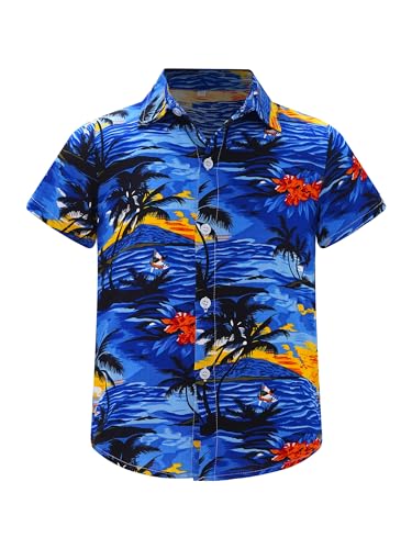 Oyolan Kurzarm Hemd Jungen Hawaiihemd Kurzarm Shirt Kinder Baumwolle Casual Shirt mit Blumendruck Sommer Strand Freizeithemd Typ A 122-128 von Oyolan