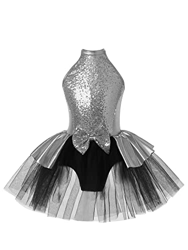 Oyolan Mädchen Ballettkleid Ballett Trikot Ballettanzug Tanzkleid Ärmellose Ballerina Gymnastik Trikot Glänzend Tanzkostüm Silber 158-164 von Oyolan