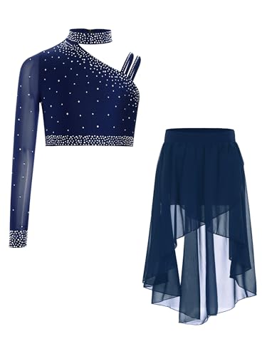 Oyolan Mädchen Ballettkleid EIN Ärmel Crop Top mit High-Low Tüll Rock Lyrischer Tanzkleid Standard Ballsaal Walzer Tango Tanzkleidung Set Navy blau 134-140 von Oyolan