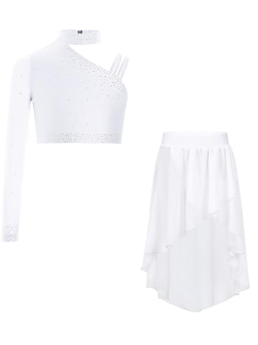 Oyolan Mädchen Ballettkleid EIN Ärmel Crop Top mit High-Low Tüll Rock Lyrischer Tanzkleid Standard Ballsaal Walzer Tango Tanzkleidung Set Weiß 170 von Oyolan